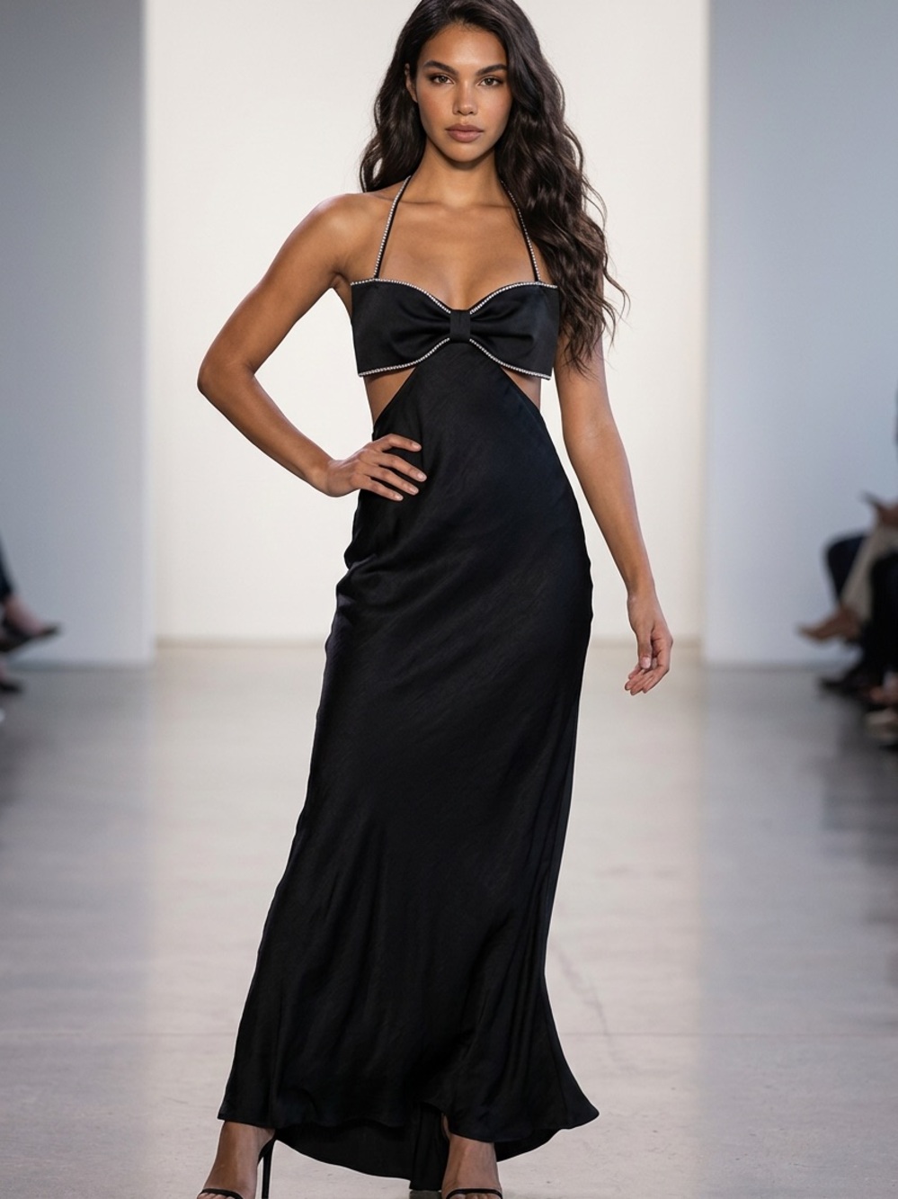 Black Satin Cutout Maxi Dress with Delicate Straps